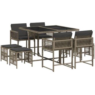vidaXL Set Comedor Jard&iacute;n 9 Pzas Y Cojines Rat&aacute;n Sint&eacute;tico Gris Vidaxl