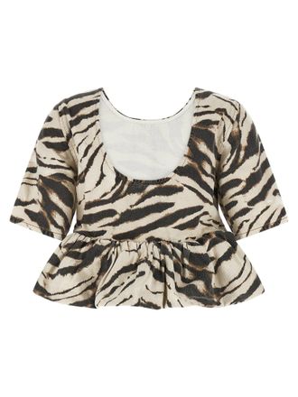 Ganni Zebra-Print Denim Blouse - Cream