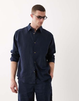 Asos Camicia comoda in lino 100% blu navy in coordinato