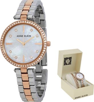 Anne Klein Quartz Crystal White Mother of Pearl Dial Ladies Watch and Bracelet Set AK/3559RTST
