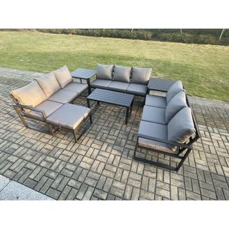 Fimous Fimous Aluminium 10 Seater Outdoor Garden Furniture Set Lounge Sofa Oblong Coffee Table Big Footstool Side Table Sets with Cushions Dark Grey