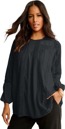 Roaman's Lace-Trim Blouson-Sleeve Top in Black at Nordstrom, Size 12