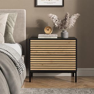 Vicco Mesilla De Noche Eliza, Negro/roble, 66 X 60 Cm Con 2 Cajones, Vicco