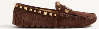 Valentino Garavani Plaster Caster Driver Loafer In Crust Leather With Fringes Woman FONDANT 35.5