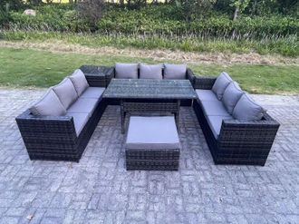 Fimous 10 Seater Outdoor Wicker Garden Furniture Rattan Lounge Sofa Set Patio Dining Table wFootstool Side Table in Dark Grey