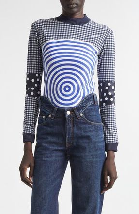 Jean Paul Gaultier Vichy & Target Mixed Print Jersey Top in White/Navy at Nordstrom, Size X-Small