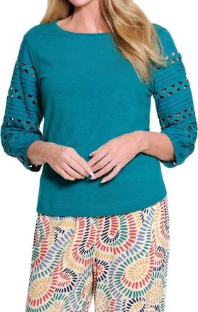 Multiples 3/4 Multi-Tuck Sleeve Scoop Neck Woven Top With Ric-Rac Trim In Deep Green