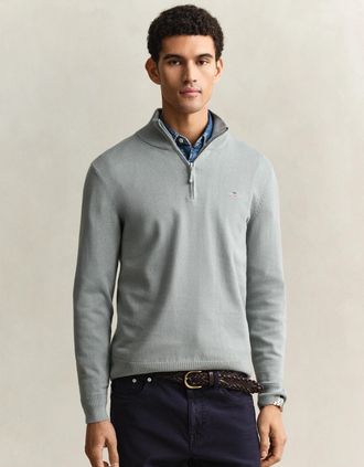 GANT Mens GANT Mens Classic Cotton Half Zip Jumper - 92 Dark Grey Melange - Size: 38