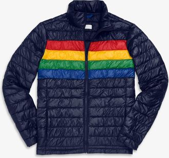 primary Grown-Ups Puffer Jacket In Stripe in Navy Bold Rainbow at Nordstrom, Size Xx-Large