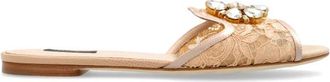 Dolce & Gabbana Schoenen, Dames, Beige, 39 1/2 EU, Leer, Crystal Lace Flat Sandalen
