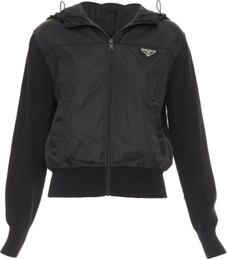 Prada virgin wool nylon front triangle logo zip hoodie