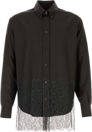 Fendi Mens Espresso Pinstriped Wool Shirt With Lace - Dark Grey - Size Medium