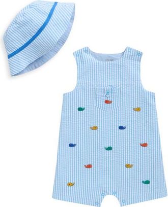 Little Me Whales Cotton Seersucker Romper & Bucket Hat Set in Blue at Nordstrom, Size 12M
