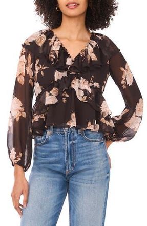 Parker Floral Ruffle Long Sleeve Chiffon Crop Top in Chocolate Torte at Nordstrom Rack, Size 16