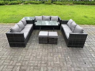 Fimous Rattan Outdoor Furniture Lounge Sofa Garden Dining Set with Dining Table Side Table 2 Small Footstools in Dark Grey