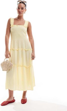 Vero Moda shirred cami midi dress in pale banana-Yellow
