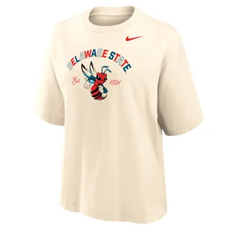 Nike Womens College (Delaware State) Boxy Cotton T-Shirt in Brown | ZW12573DESU25-NAT