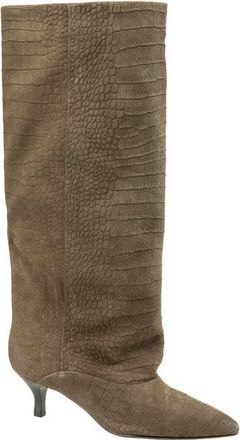 Kenneth Cole Brisbane Kitten Heel Pointed Toe Knee High Boot in Olive Embossed Suede at Nordstrom, Size 8.5