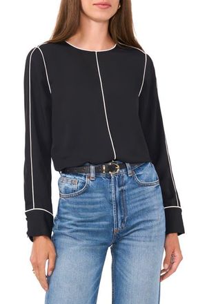 Vince Camuto Piped Long Sleeve Cr&ecirc;pe de Chine Top in Rich Black at Nordstrom, Size X-Small