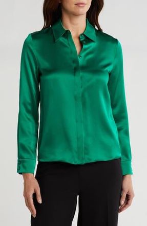 Alice & Olivia Willa Long Sleeve Silk Button-Up Shirt in Deep Emerald at Nordstrom Rack, Size Small