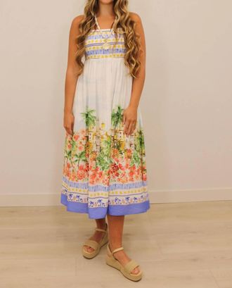 Skies Are Blue Clothing Talli Tropical Scenic Print Sleeveless Midi Dress In Blue Multi