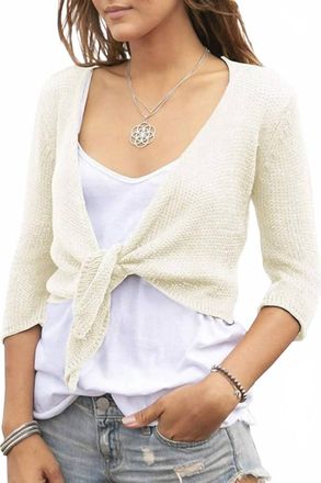 Wooden Ships Womens Tie Front Shrug 3/4 Sleeve Top In Beige