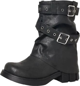 Generic Womens Mid Calf Western Boots Round Toe Med Block Heel Slip On With Platform And Cowgirl Style Buckle Accent