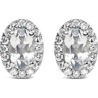 House of Brilliance 10K White Gold 5x3 MM Oval Cut Birthstone and Diamond Halo Stud Earrings in White Topaz at Nordstrom