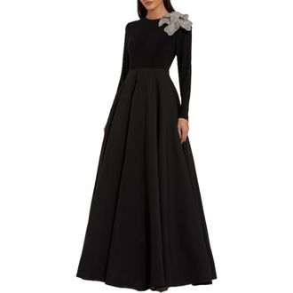 Mac Duggal Long Sleeve Taffeta 3D Flower Ball Gown in Black at Nordstrom, Size 12