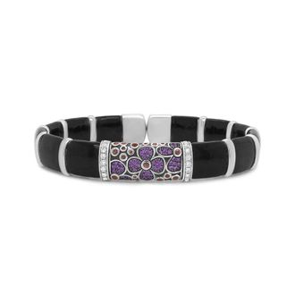 House of Brilliance 925 Sterling Silver Black and Brown Enamel 1/3 Cttw Diamonds and Pink and Orange Sapphire Gemstones Floral Statement Bangle (F-G, VS1-VS2)
