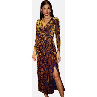 Yumi Velour Stretch Midi Dress in Gold at Nordstrom, Size 8