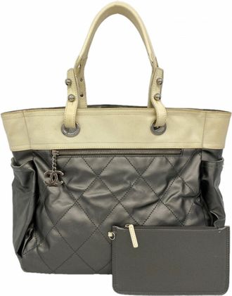 Chanel Beige Silver Leather Pouch Tote Bag (Pre-Owned)