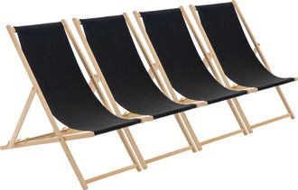 Harbour Housewares 4x Traditional Wooden Deck Chairs - Folding Garden Beach Lounge Chair in Black
