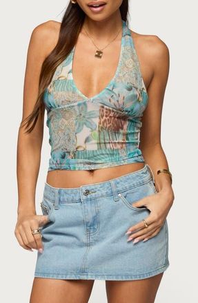 Edikted Catie Patchwork Mesh Halter Top in Blue at Nordstrom, Size X-Large