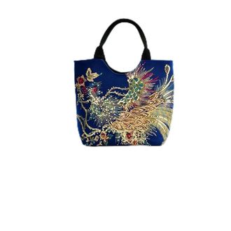 Generic Ethnic Style Women Shoulder Bag Peafowl Embroidery Canvas Crossbody Bag Vintage Ladies Beads Pendant Large Capacity Handbags (Blue)