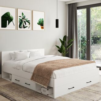 IDMarket Minea Cama Doble Con Cajones + Nichos De Almacenamiento Y Somier 140x190cm Blanco