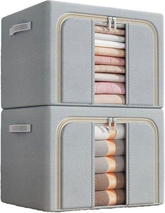 OEM Lot De 2 Bo&icirc;tes De Rangement 100 L Avec Cadre En M&eacute;tal - Sac De Rangement En Tissu Oxford - Gris