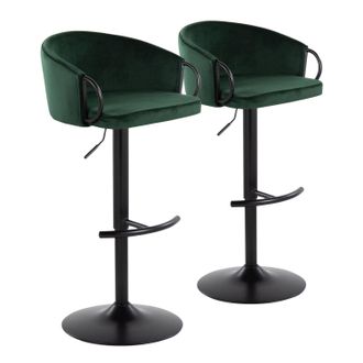Claire Contemporary Adjustable Barstool with Swivel in Black Metal and Green Velvet with Rounded T Footrest - Set of 2