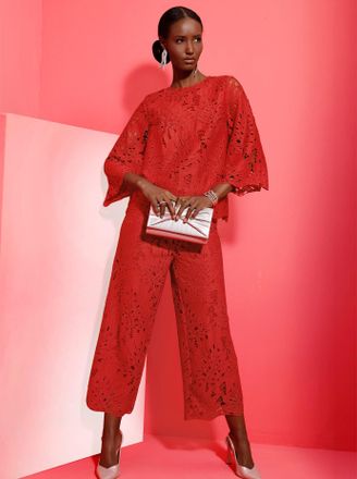 Cr&eacute;ation L Spitzenbluse CREATION L, Damen, Gr. 36, rot, 100% Polyester, unifarben, Rundhals, Blusen Spitzenbluse