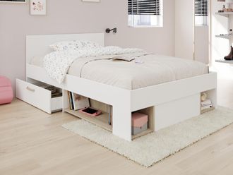 Vente-Unique Cama 120 x 190/200 cm con compartimentos - Blanco y natural - KINSELIA