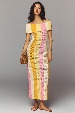 endless rose Off-Shoulder Striped Knit Midi Dress