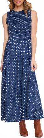 Sugarlips Ivany Polka Dot Cecil Smocked Midi Dress In Navy White