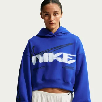Nike Womens Studio Fleece Medium Weight Cropped Oversized Pullover Hoodie in Blue | IV4952-417