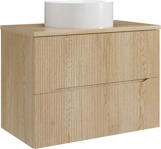 Vente-Unique Mueble de ba&ntilde;o suspendido estriado con lavabo sobre encimera redondo - Natural claro - 80 cm - ORISO
