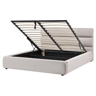 Beliani Cama Tapizado De Tela De Lino Sint&eacute;tico 160 X 200 Cm Con Almacenaje Somier Elevable Gris Bonifacio