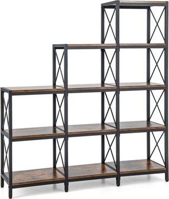 Costway 5-Tier Bookshelf 9 Cubes Bookcase with Carbon Steel Frame-Brown