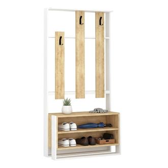 Dmora Mueble De Entrada Toraji, 6 Pares, 3 Estantes, Perchero, 90x36x180h Cm Blanco