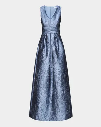 Kay Unger Mariah V-Neck Sleeveless Jacquard A-Line Gown