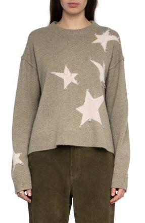 Zadig&Voltaire Markuz Intarsia Star Cashmere Crewneck Sweater in Olive at Nordstrom, Size X-Small
