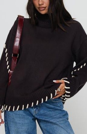 Princess Polly Leizure Whipstitch Trim Turtleneck Sweater in Brown at Nordstrom Rack, Size X-Small/small